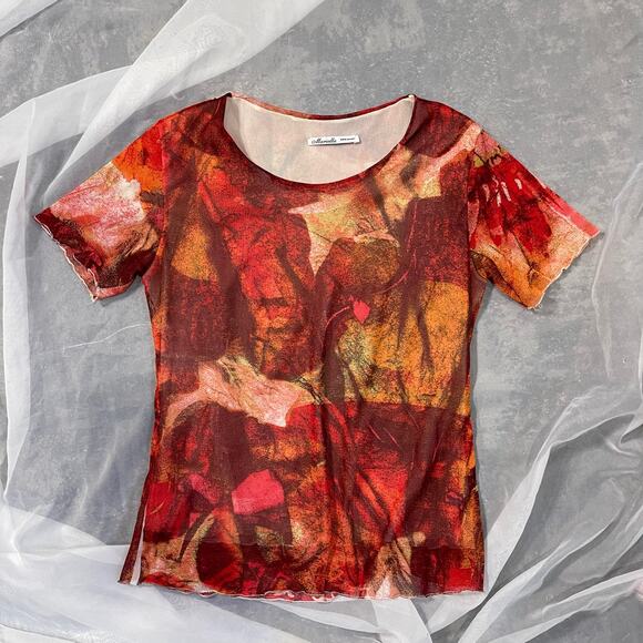 Made in Italy - Vintage 00s euro mesh abstract floral graphic tee (M) - Picture 2 of 9